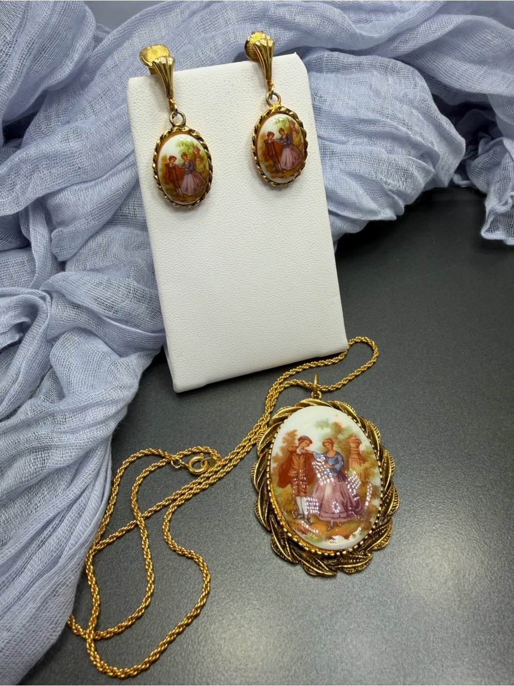 Vintage Courting Couple Porcelain Portrait Pendant and Clips